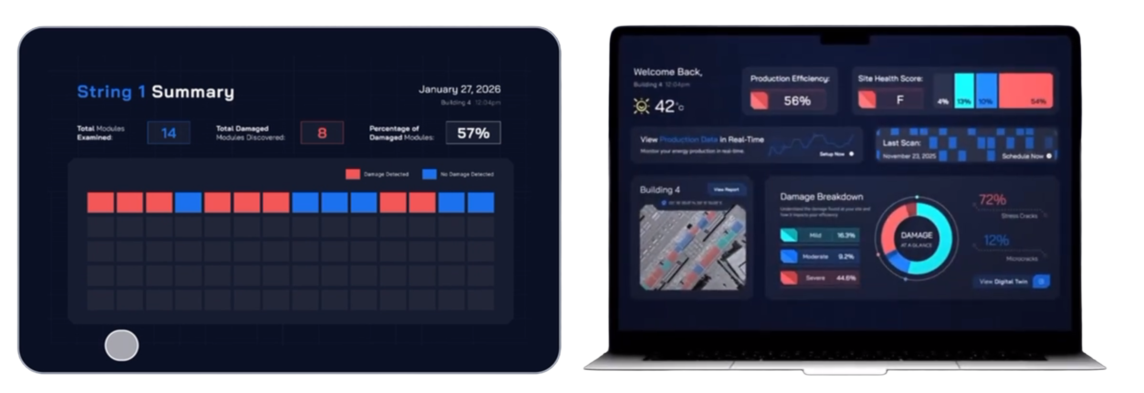 AI-driven reporting dashboard showing solar panel defect analytics